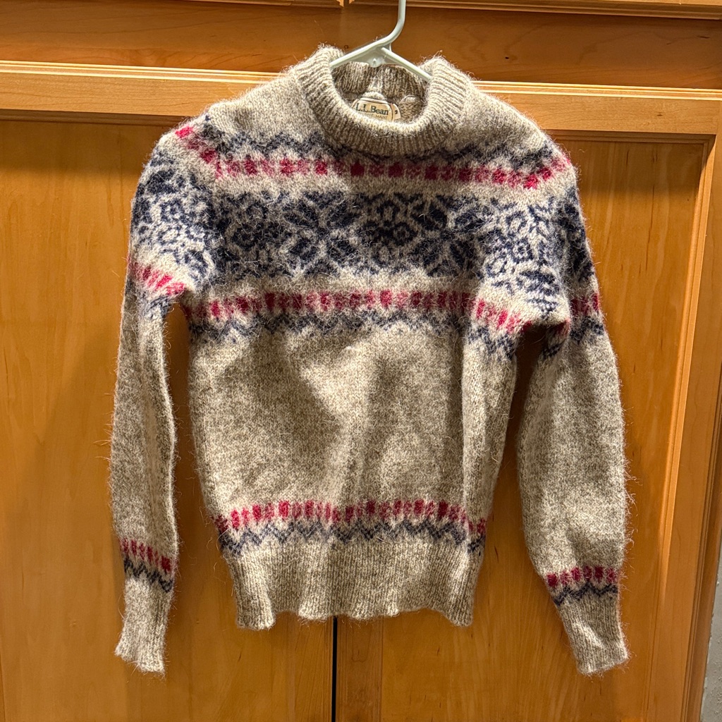 L.L. Bean Women's Crewneck Sweater In Oatmeal With Navy And Pink Fair Isle